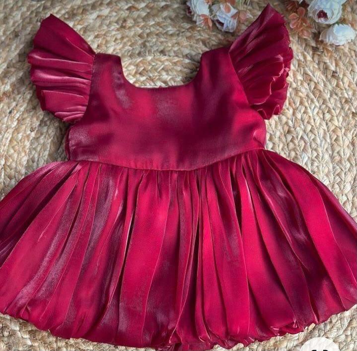 Elegant Wine Red Girls Party Wear Frock with Ruffle Sleeves