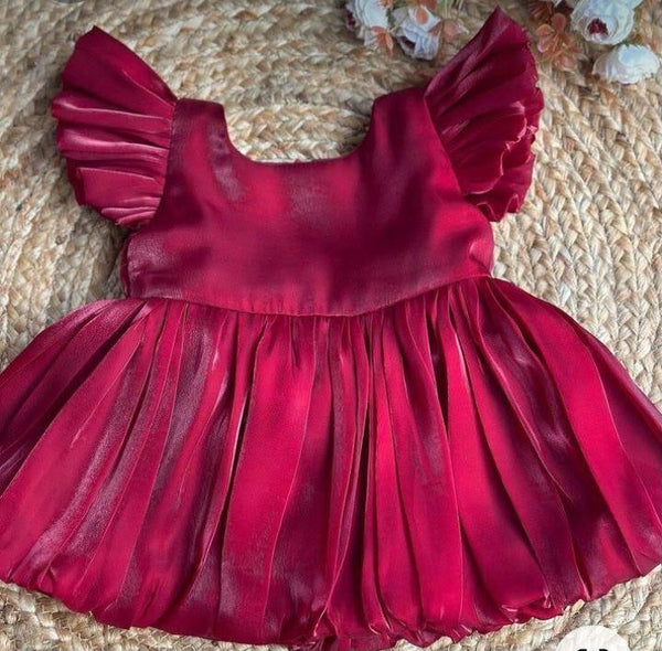 Elegant Wine Red Girls Party Wear Frock with Ruffle Sleeves