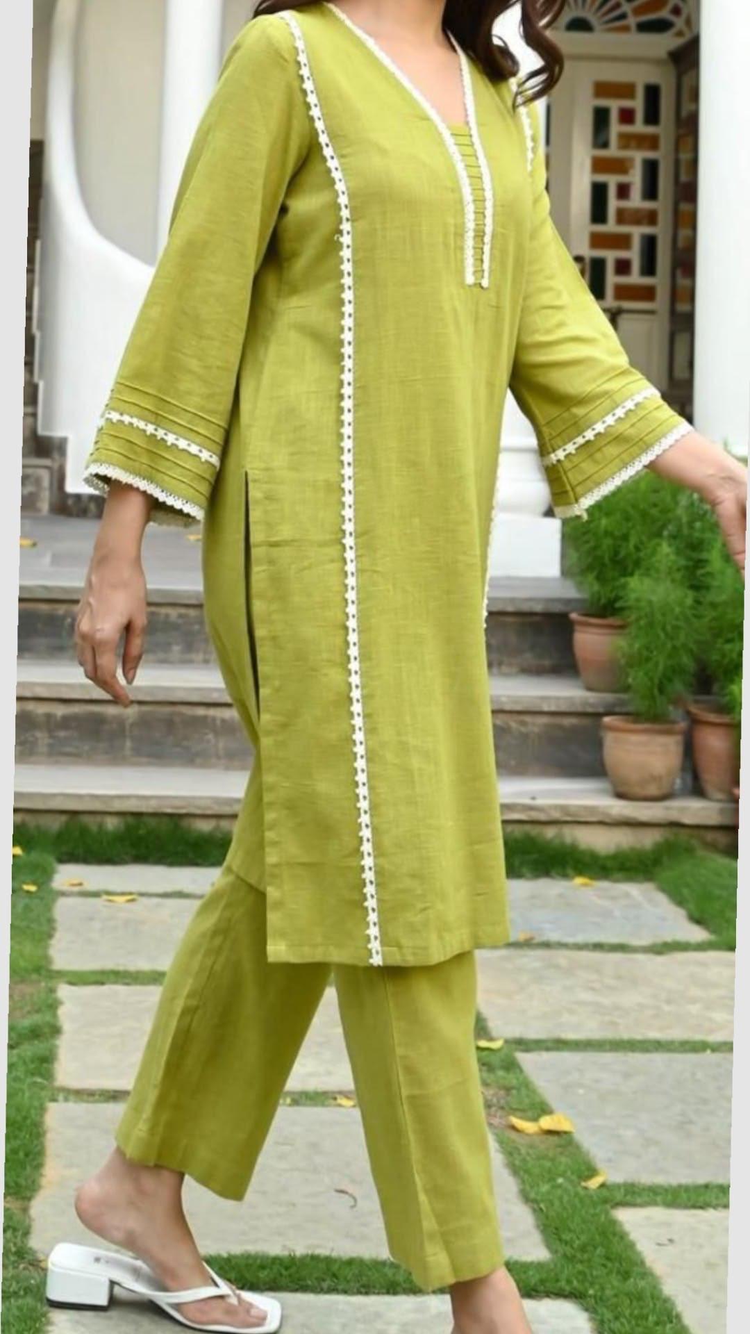 Olive Green Women’s Kurta Pant Set with Lace-Trimmed Flared Sleeves