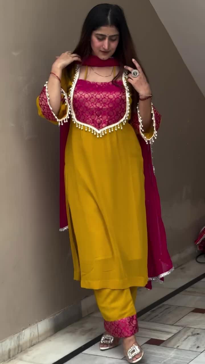 Mustard Yellow & Wine Women’s Anarkali Suit Set with Floral Bodice & Dupatta