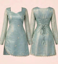 Pastel Blue Women’s Mini Dress with Square Neck, Sheer Sleeves & Ruched Back