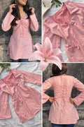 Blush Pink Women’s Long Sleeve Mini Dress with Front Tie-Up & Lace-Up Back