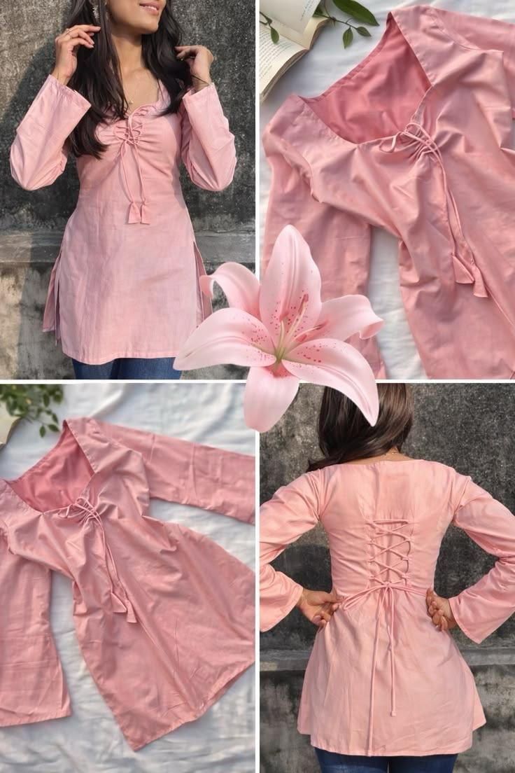 Blush Pink Women’s Long Sleeve Mini Dress with Front Tie-Up & Lace-Up Back