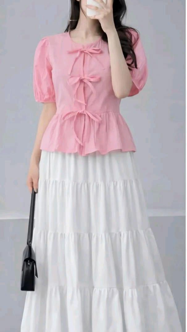 Soft Pink Women’s Bow Detail Peplum Top with White Tiered Maxi Skirt