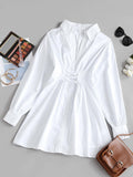 White Women’s Shirt Dress with Corset Waist Tie-Up & Long Sleeves