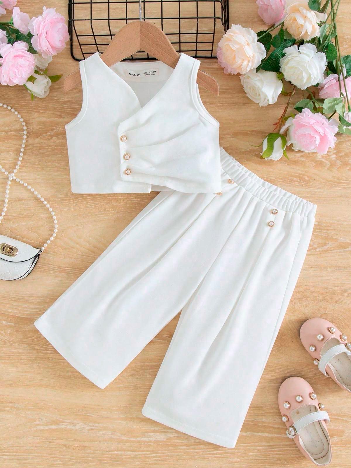 Elegant White Girls Co-Ord Set with Wrap-Style Top & Wide-Leg Pants