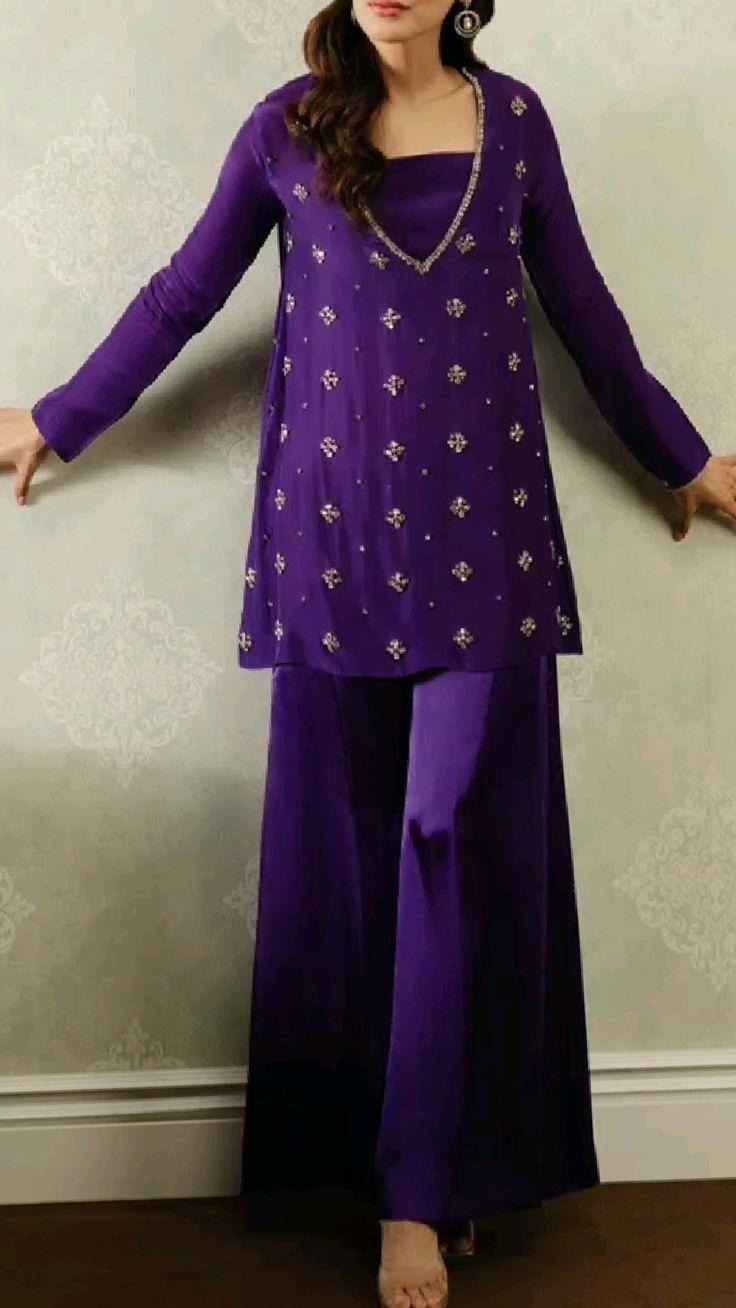 Royal Purple Women’s Embroidered Kurta Palazzo Set with Square Neckline