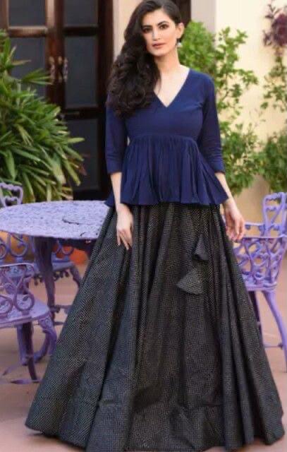 Navy Blue Peplum Kurti with Black Printed Flared Skirt Set for Women