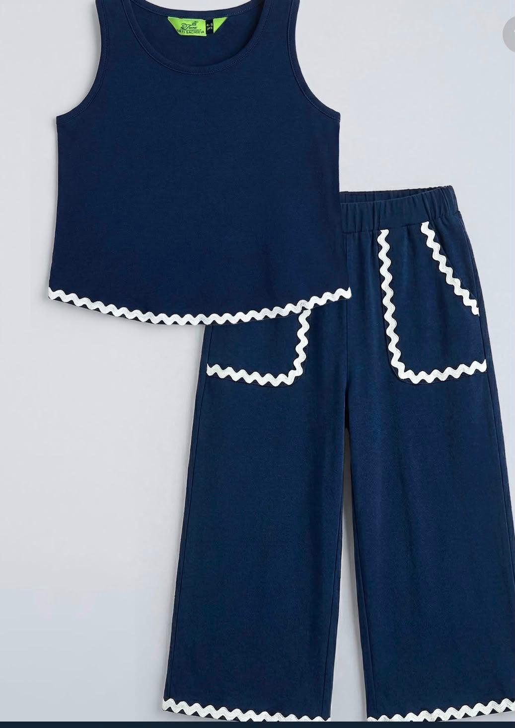 Navy Blue Girls Co-Ord Set with Sleeveless Top & Wide-Leg Pants