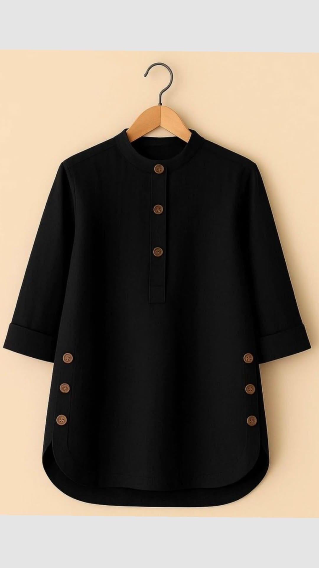 Classic Black Women’s Mandarin Collar Tunic with Wooden Button Detailing