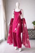 Rani Pink Floral Embroidered Kurta Pant Set with Printed Organza Dupatta
