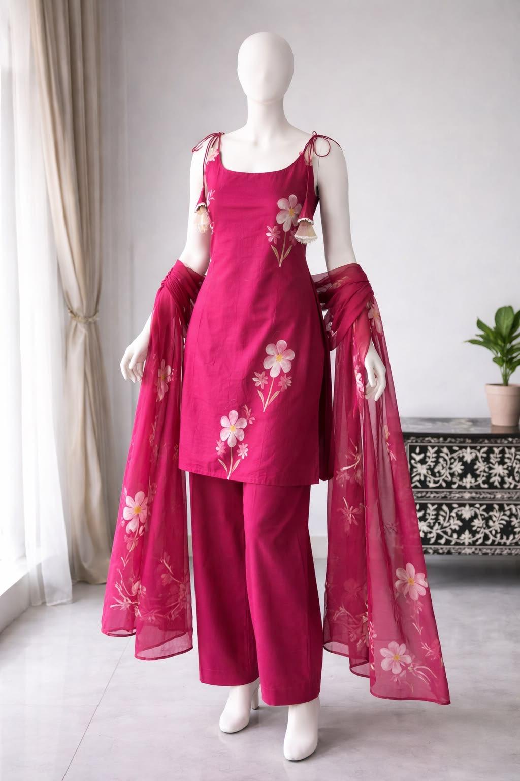 Rani Pink Floral Embroidered Kurta Pant Set with Printed Organza Dupatta