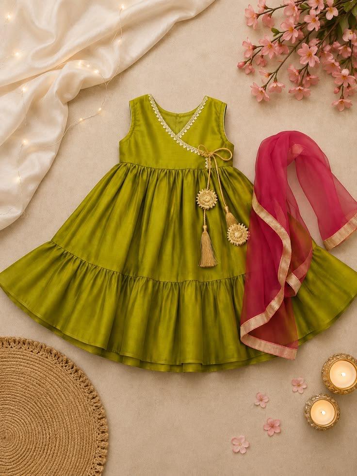 Olive Green Girls Anarkali Dress with Pink Dupatta | Festive Ethnic Wear for Kids