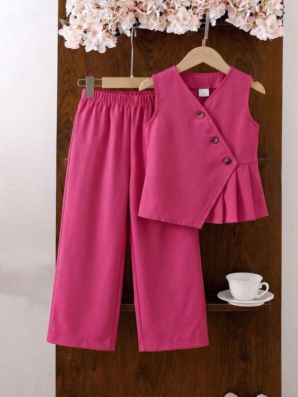 Stylish Pink Girls Co-Ord Set with Button-Detail Wrap Top & Wide-Leg Pants