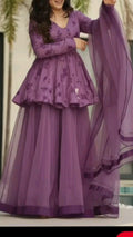 Elegant Purple Floral Anarkali Suit Set with Flared Skirt & Sheer Dupatta