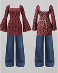 Maroon Printed Women’s Bell Sleeve Top with Lace-Up Back & Flared Jeans