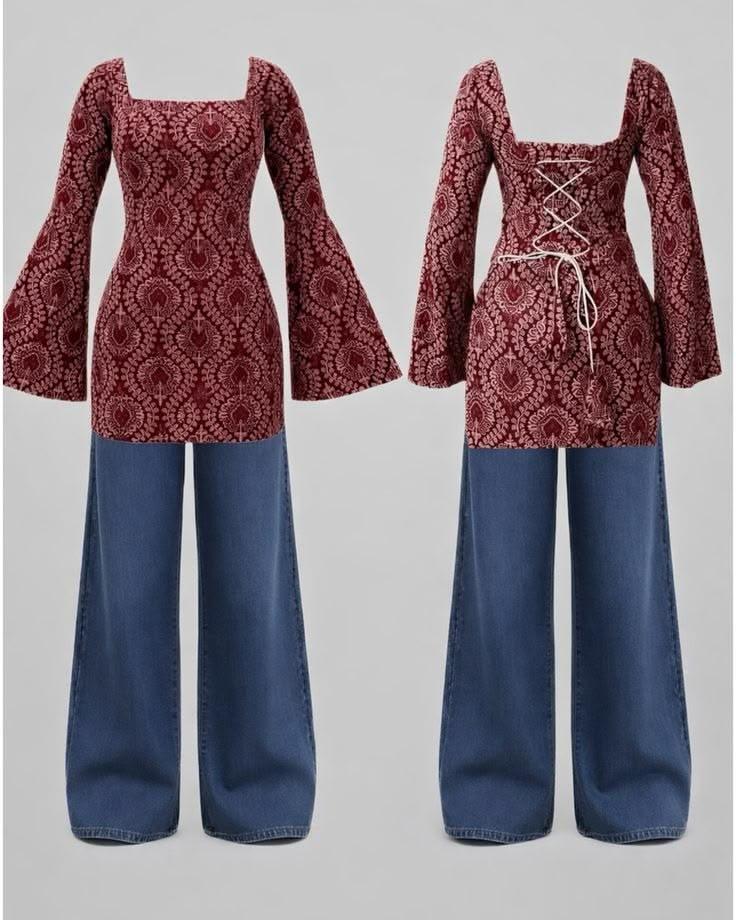 Maroon Printed Women’s Bell Sleeve Top with Lace-Up Back & Flared Jeans