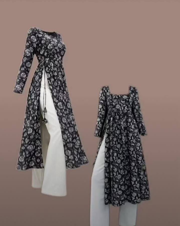 Black Floral Printed Women’s Layered Kurti with White Straight Pants