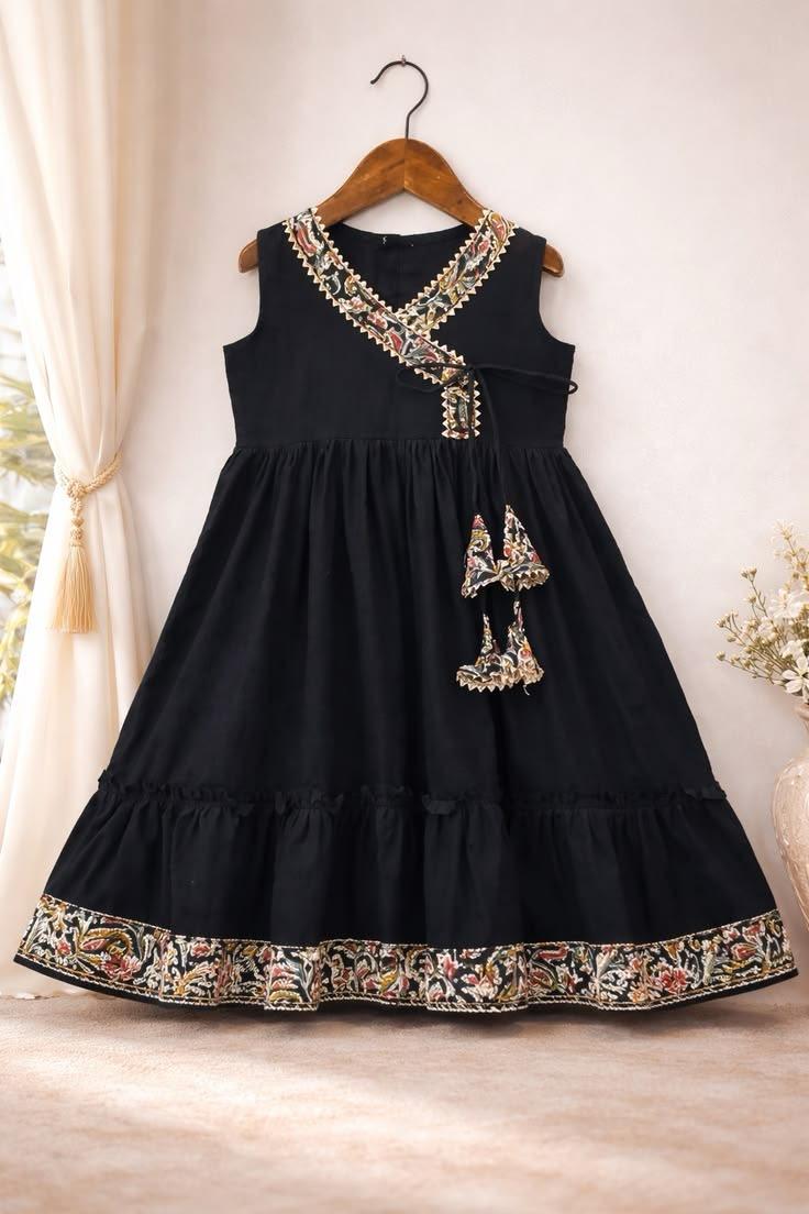 Black Girls Anarkali Dress with Embroidered Border | Traditional Ethnic Wear for Kids