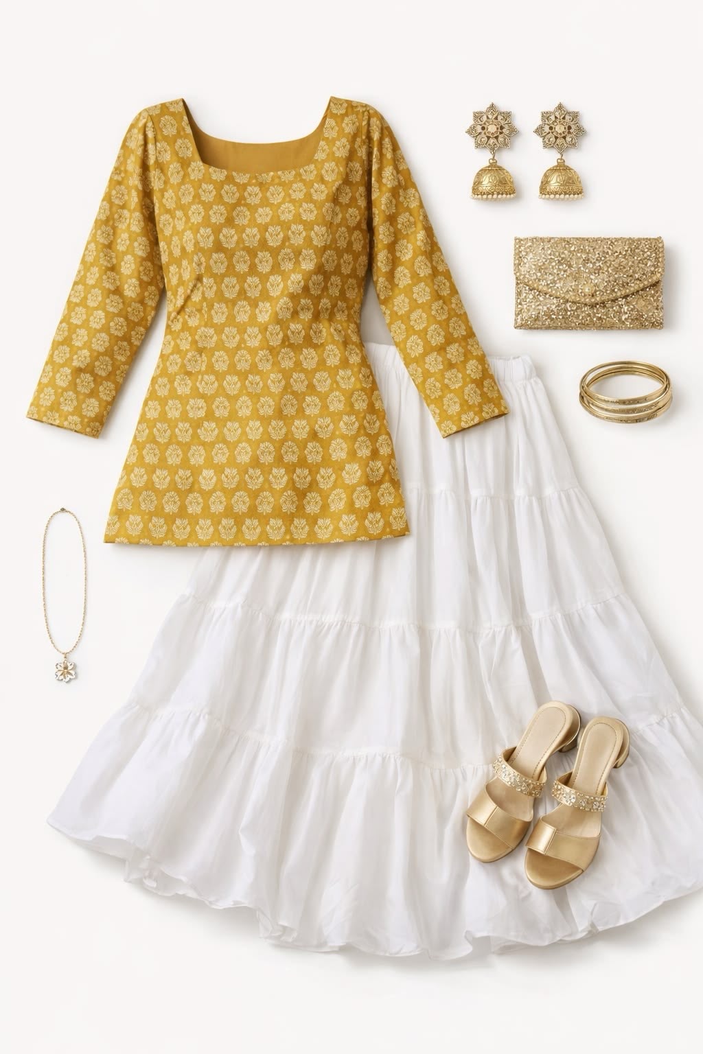 Mustard Yellow Printed Kurti with White Tiered Skirt Set for Women