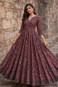 Maroon Printed Anarkali Maxi Dress with Floral Ethnic Design for Women