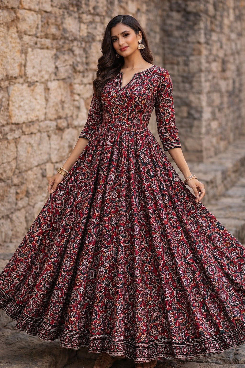 Maroon Printed Anarkali Maxi Dress with Floral Ethnic Design for Women