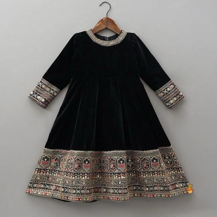 Black Velvet Girls Anarkali Dress with Embroidered Border | Elegant Festive Wear for Kids