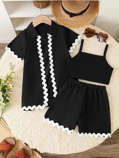Black Girls Co-Ord Set with White Scallop Trim Shirt, Crop Top & Shorts