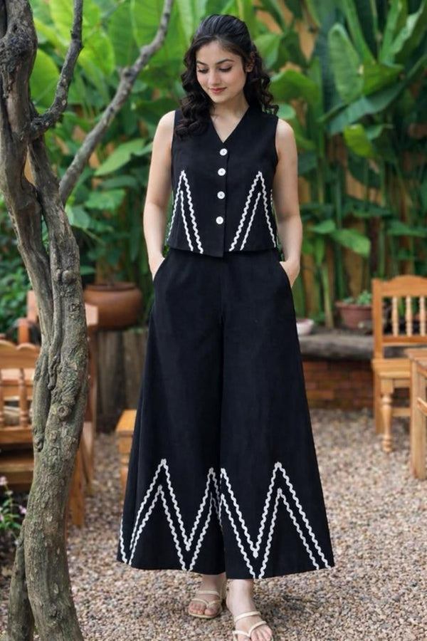 Black Women’s Co-Ord Set with Embroidered Sleeveless Top & Wide-Leg Pants