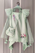 Mint Green Girls Party Dress with Tulle Sleeves & Flamingo Embroidery | Kids Festive Wear