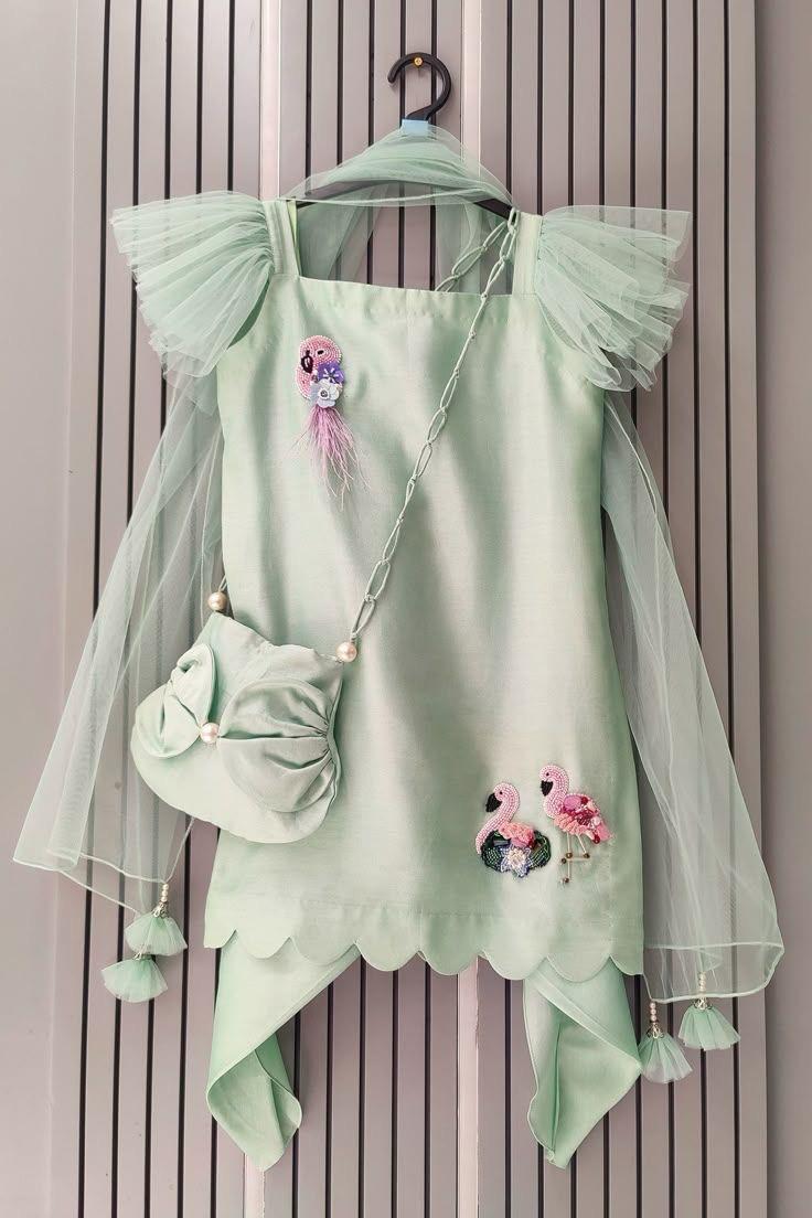 Mint Green Girls Party Dress with Tulle Sleeves & Flamingo Embroidery | Kids Festive Wear