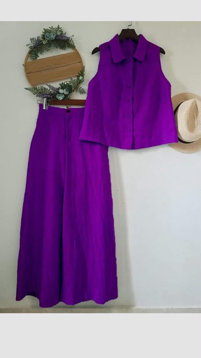 Elegant Purple Women’s Co-Ord Set with Collared Sleeveless Top & Wide-Leg Pants