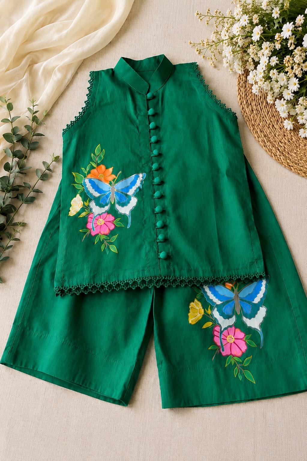 Green Girls Kurta & Palazzo Set with Butterfly Floral Print | Kids Ethnic Wear