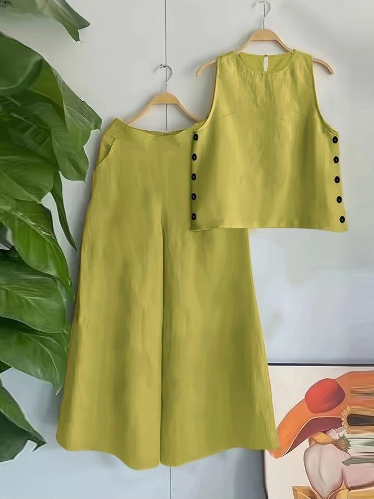 Lime Green Women’s Co-Ord Set with Sleeveless Crop Top & Wide-Leg Pants