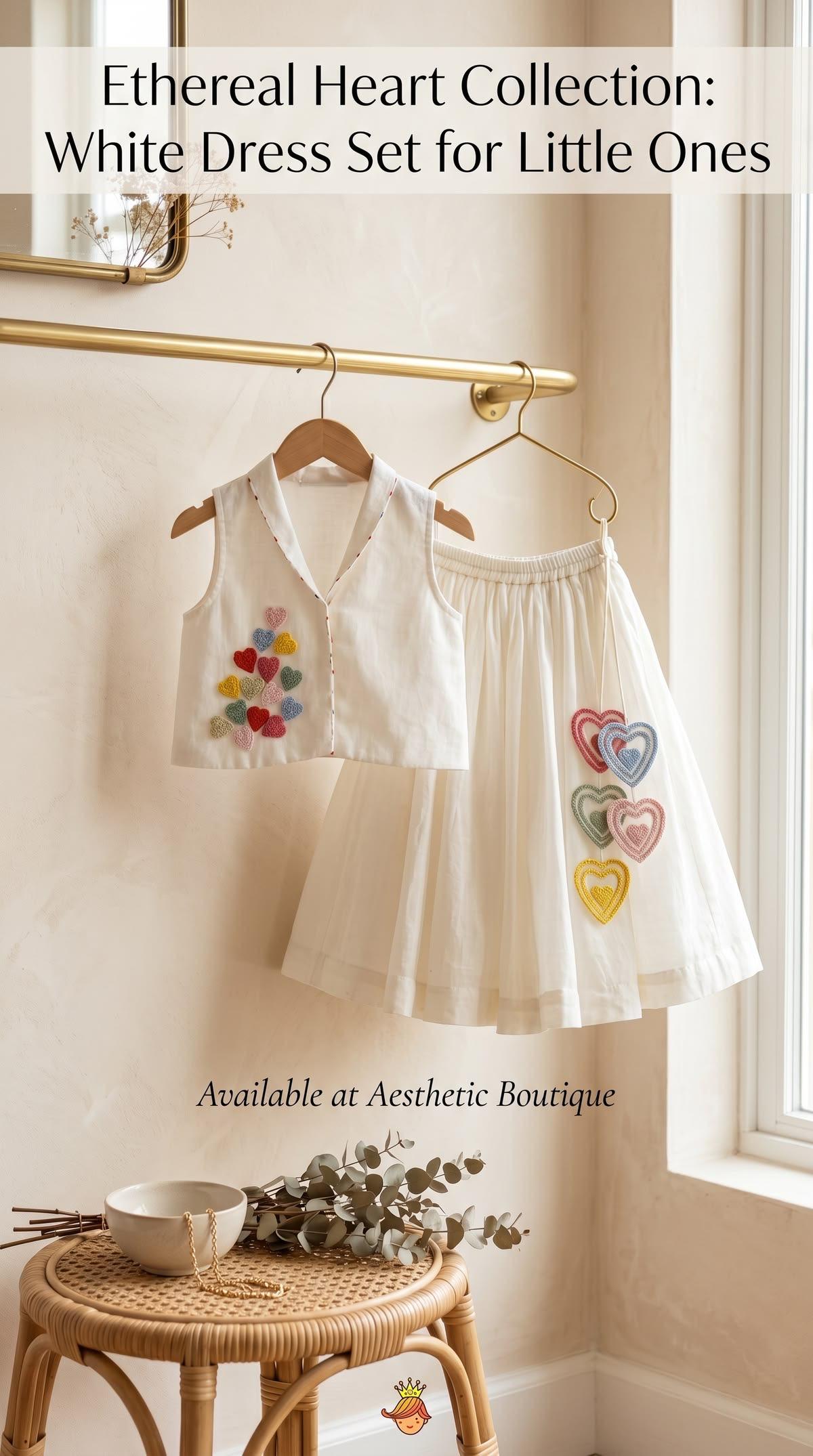 White Girls Dress Set with Heart Embroidery | Sleeveless Top & Flared Skirt for Kids