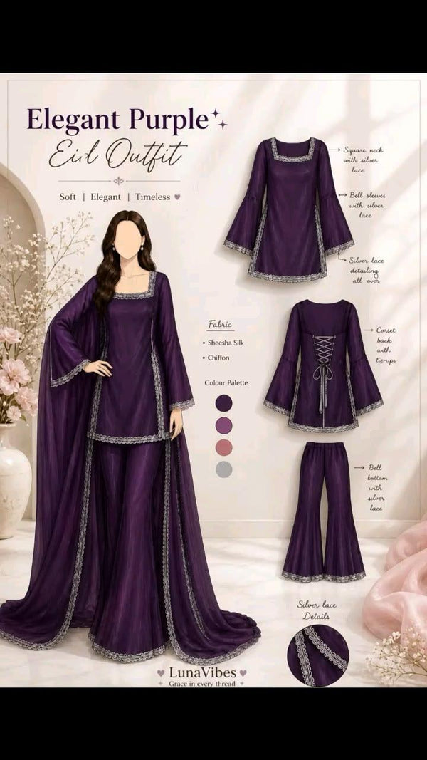 Elegant Purple Eid Wear Suit Set with Silver Lace Detailing & Flared Bottom