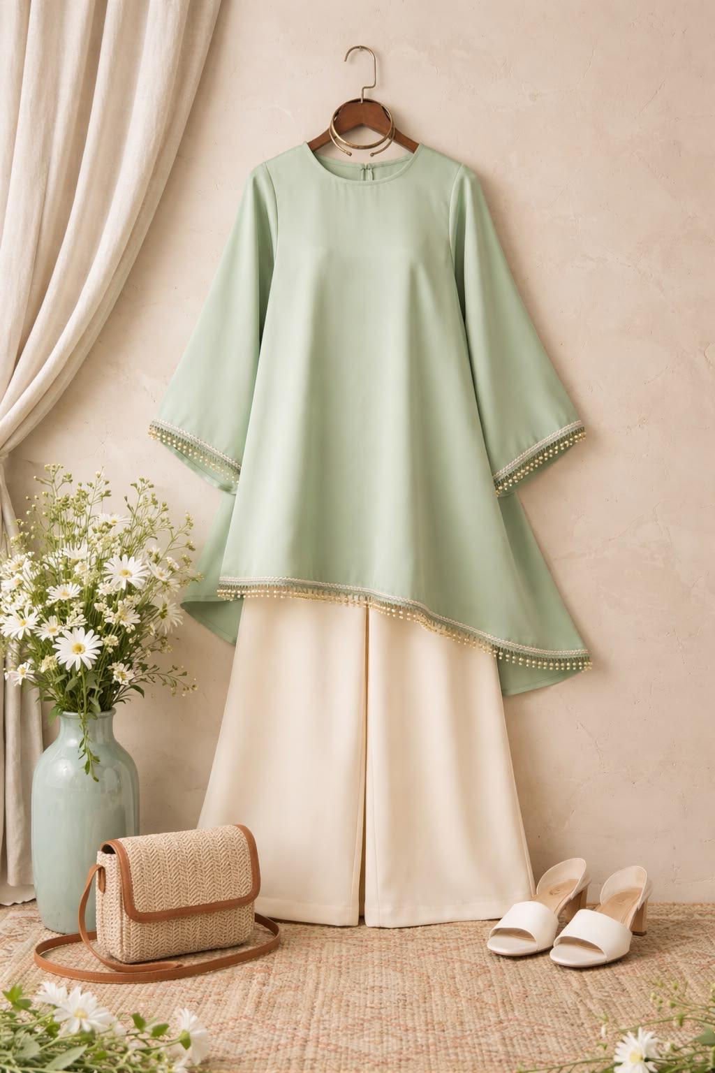 Sage Green & Ivory Women’s Kurta Palazzo Set with Lace Border Detailing