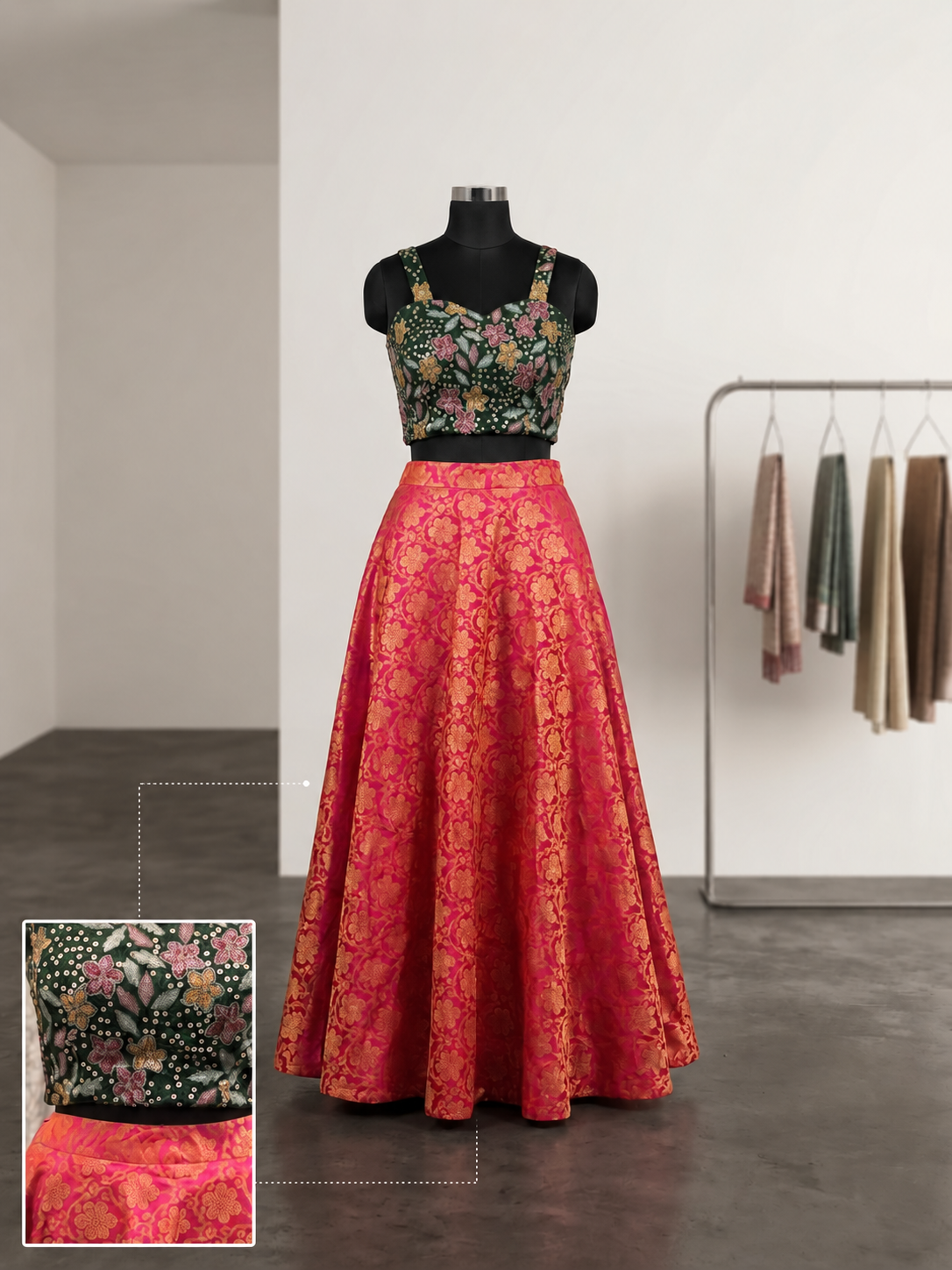 Elegant Floral Jacquard Lehenga Set with Designer Crop Top – Festive & Wedding Wear