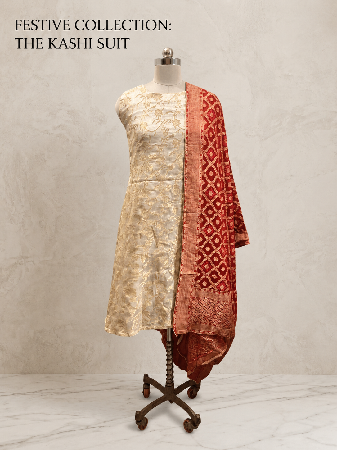 Kashi Festive Embroidered Suit with Red Banarasi Dupatta – Elegant Ethnic Wear