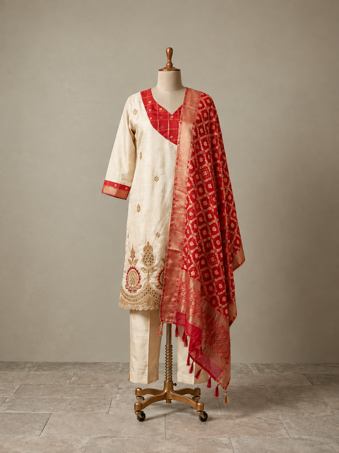 Ivory & Red Embroidered Kurta Set with Bandhani Dupatta – Festive Ethnic Elegance