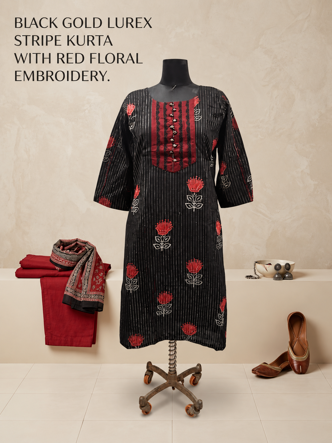 Black & Gold Lurex Stripe Kurta with Red Floral Embroidery – Festive Ethnic Wear