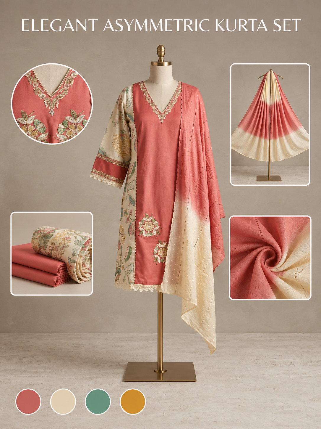 Elegant Coral Asymmetric Kurta Set with Floral Embroidery & Ombre Dupatta – Festive Wear