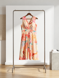 Elegant Floral Print Sleeveless Midi Dress with Tie Waist – Chic Summer Wear