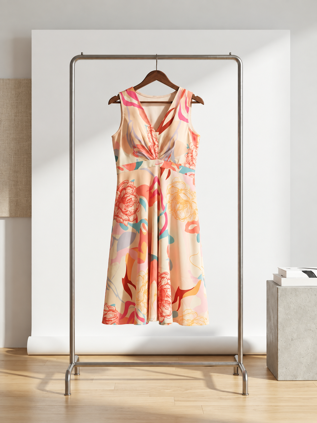 Elegant Floral Print Sleeveless Midi Dress with Tie Waist – Chic Summer Wear